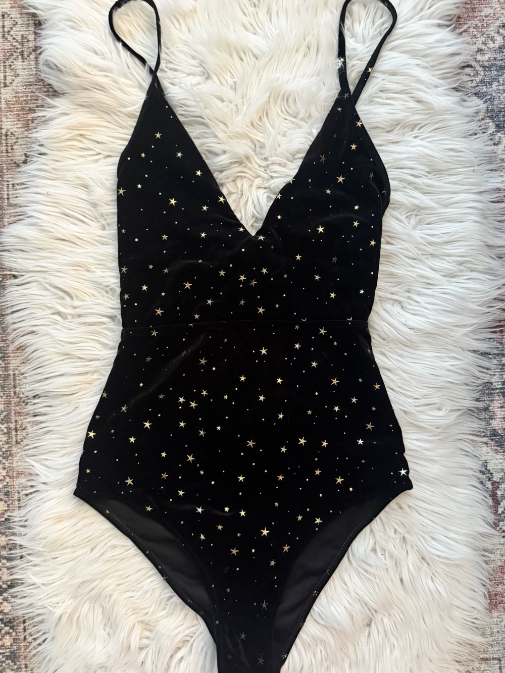 Retro Stage Women’s Black Velvet Star-Print One-Piece Swimsuit